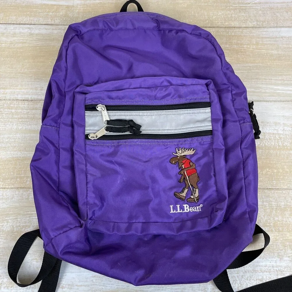 Vintage 90’s LL Bean Youth Backpack Purple w/Embroidered Moose Reflective Strip